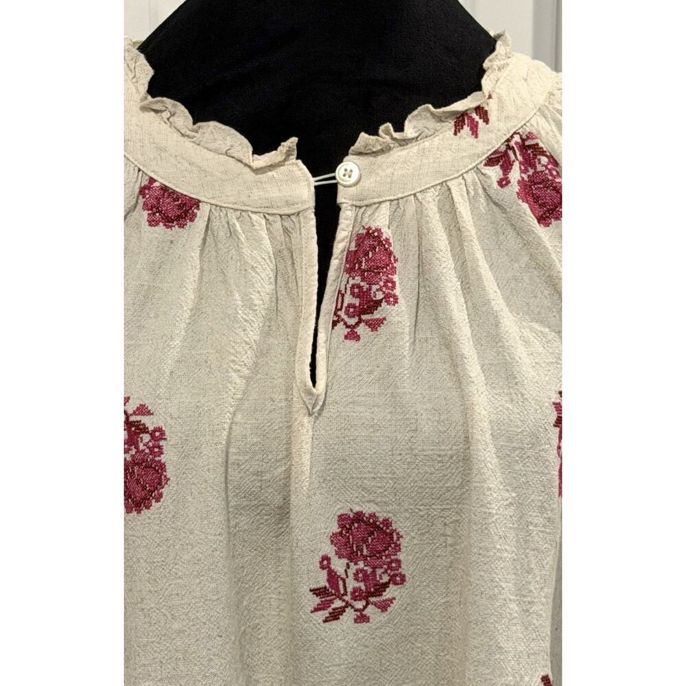 Solitaire Women’s Linen Blend Peasant Blouse SZ 2X Boho Floral Stitch Ruffle - Picture 9 of 14